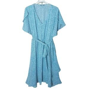 Bloomchic 22/24 3x Blue/ White Dot Split Sleeve A-Line Belted Ruffle  Dress